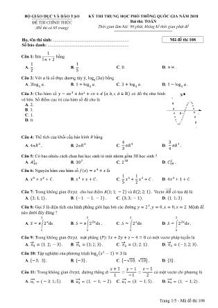 Đề thi Trung học phổ thông quốc gia môn Toán học Lớp 12 - Đề số 8 - Năm học 2017-2018