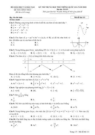 Đề thi Trung học phổ thông quốc gia môn Toán học Lớp 12 - Đề số 11 - Năm học 2017-2018