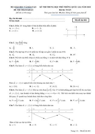 Đề thi Trung học phổ thông quốc gia môn Toán học - Mã đề thi 001 (Chuẩn kiến thức)