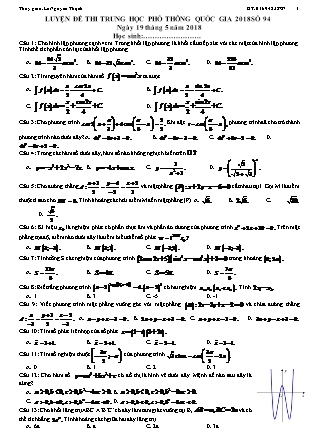 Đề thi Trung học phổ thông quốc gia môn Toán Lớp 12 - Năm học 2017-2018 - Lê Nguyên Thạch (Chuẩn kiến thức)