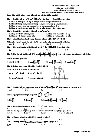 Đề xuất kiểm tra môn Toán Lớp 12 - Học kì I - Năm học 2018-2019