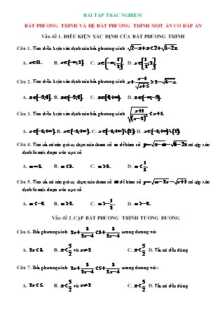Bài tập trắc nghiệm Toán 10 - Bất phương trình và hệ bất phương trình một ẩn (Có đáp án)