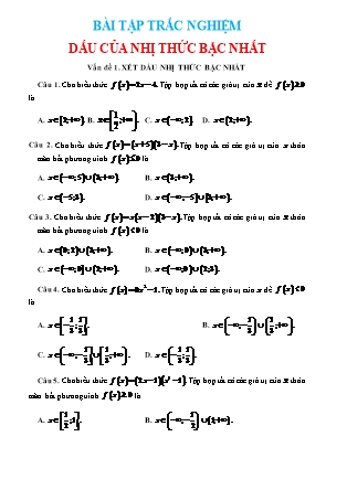 Bài tập trắc nghiệm Toán 10 - Dấu của nhị thức bậc nhất (Có đáp án)