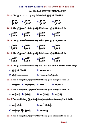 Bài tập trắc nghiệm Toán Lớp 10 - Dấu của tam thức bậc hai (Có đáp án)