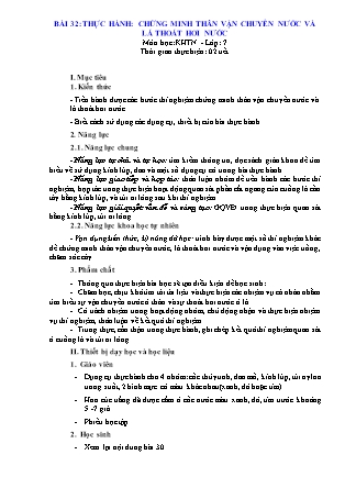 Giáo án Khoa học tự nhiên 7 (Kết nối tri thức) - Bài 32: Thực hành: Chứng minh thân vận chuyển nước và lá thoát hơi nước