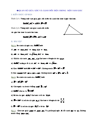 Bài tập môn Hình học Lớp 7 - Bài: Quan hệ giữa góc và cạnh đối diện trong một tam giác (Có lời giải)