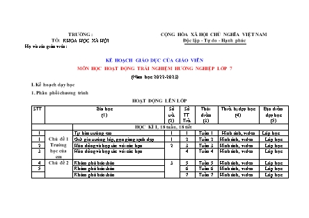 Kế hoạch giáo dục môn Hoạt động trải nghiệm hướng nghiệp Lớp 7 - Năm học 2022-2023