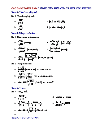 Các dạng bài toán môn Toán học Lớp 9 - Bài 4: Liên hệ giữa phép chia và phép khai phương (Có đáp án)
