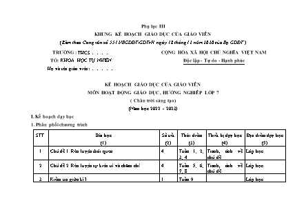 Kế hoạch giáo dục môn Hoạt động giáo dục, hướng nghiêp Lớp 7 (Chân trời sáng tạo) - Phụ lục III - Năm học 2022-2023