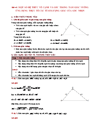 Phương pháp giải Hình học Lớp 9 - Chương 1: Hệ thức lượng trong tam giác vuông - Bài 4+5: Một số hệ thức về cạnh và góc trong tam giác vuông. Ứng dụng thực tế các tỉ số lượng giác của góc nhọn (Có đáp án)