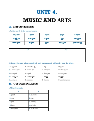 Bài tập môn Tiếng Anh Lớp 7 - Unit 4: Music and Arts