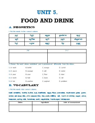Bài tập môn Tiếng Anh Lớp 7 - Unit 5: Food and Drink
