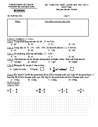 Bài kiểm tra chất lượng đầu vào môn Toán Lớp 5 - Trường Tiểu học Bàn Giản
