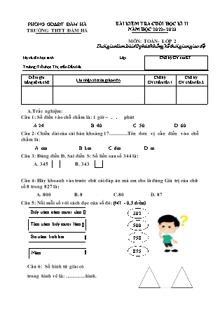 Bài kiểm tra cuối học kì II môn Toán Lớp 2 (Kết nối tri thức và cuộc sống) - Năm học 2022-2023 - Trường THTT Đầm Hà (Có đáp án)