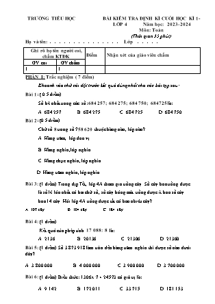 Bài kiểm tra định kì cuối học kì 1 môn Toán Lớp 4 (Kết nối tri thức và cuộc sống) - Năm học 2023-2024 - Đề 1