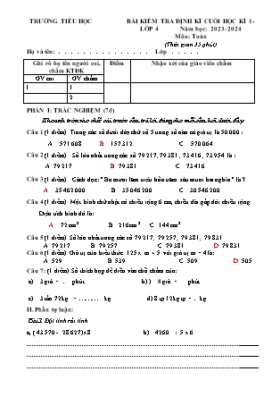 Bài kiểm tra định kì cuối học kì 1 môn Toán Lớp 4 (Kết nối tri thức và cuộc sống) - Năm học 2023-2024 - Đề 3