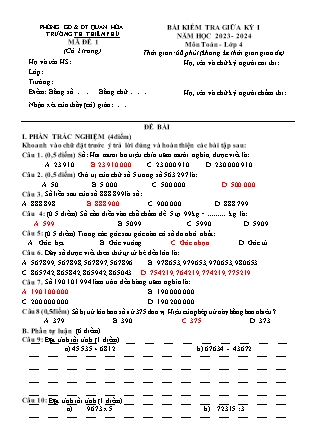 Bài kiểm tra giữa kỳ I môn Toán Lớp 4 (Kết nối tri thức và cuộc sống) - Năm học 2023-2024 - Trường Tiểu học Thiên Phủ (Có đáp án)