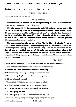 Bộ 6 đề kiểm tra giữa kì I môn Tiếng Việt Lớp 4 (Kết nối tri thức và cuộc sống) - Năm học 2023-2024 - Trường TH&THCS Đông Lâm (Phần 2)