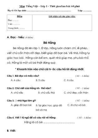 Đề kiểm tra 1 tiết môn Tiếng Việt, Toán Lớp 1 Sách Cánh diều
