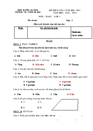 Đề kiểm tra cuối học kì I môn Toán Lớp 3 (Kết nối tri thức và cuộc sống) - Năm học 2022-2023 - Trường TH–THCS Nà Sản (Có đáp án)