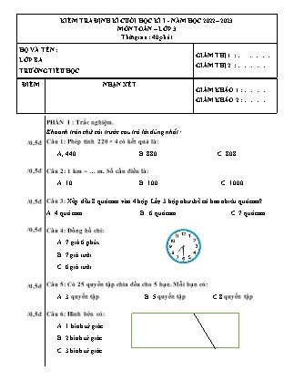 Đề kiểm tra định kì cuối học kì I môn Toán Lớp 3 (Kết nối tri thức và cuộc sống) - Năm học 2022-2023