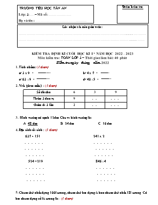 Đề kiểm tra định kì cuối học kì I môn Toán Lớp 3 (Kết nối tri thức và cuộc sống) - Năm học 2022-2023 - Trường Tiểu học Tân An (Có đáp án)