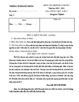Đề kiểm tra định kì cuối kì I môn Tiếng Việt Lớp 3 (Kết nối tri thức và cuộc sống) - Năm học 2022-2023 - Trường Tiểu học Thế Giới Trẻ Em (Có đáp án)