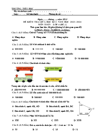 Đề kiểm tra giữa học kì 1 môn Toán Lớp 4 (Kết nối tri thức và cuộc sống) - Năm học 2023-2024 (Có đáp án)