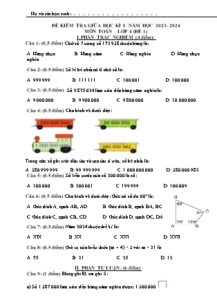 Đề kiểm tra giữa học kì I môn Toán Lớp 4 (Kết nối tri thức và cuộc sống) - Năm học 2023-2024 (Có đáp án)