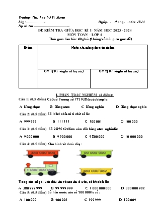 Đề kiểm tra giữa học kì I môn Toán Lớp 4 (Kết nối tri thức và cuộc sống) - Năm học 2023-2024 - Trường Tiểu học 1-5 Vị Xuyên (Có đáp án)