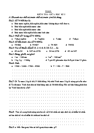 Đề kiểm tra giữa học kì I môn Toán Lớp 4 (Kết nối tri thức và cuộc sống)