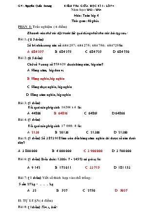 Đề kiểm tra giữa học kì I môn Toán Lớp 4 (Kết nối tri thức và cuộc sống) - Năm học 2023-2024 - Nguyễn Quốc Dương (Có đáp án)