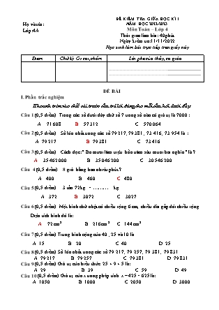 Đề kiểm tra giữa học kì I môn Toán Lớp 4 (Kết nối tri thức và cuộc sống) - Năm học 2022-2023 - Đề 1