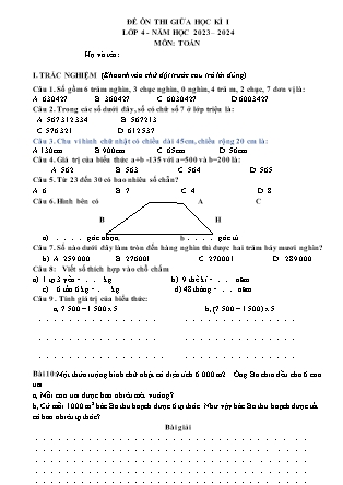 Đề ôn thi giữa học kì I môn Toán Lớp 4 (Kết nối tri thức và cuộc sống) - Năm học 2023-2024
