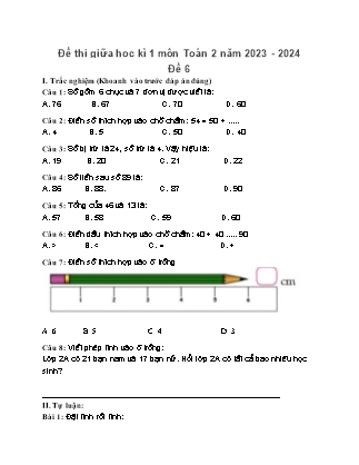 Đề thi giữa học kì 1 môn Toán 2 (Cánh diều) - Năm học 2023-2024