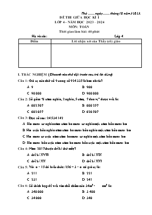 Đề thi giữa học kì 1 môn Toán Lớp 4 (Kết nối tri thức và cuộc sống) - Năm học 2023-2024