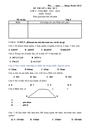 Đề thi giữa học kì I môn Toán Lớp 4 (Kết nối tri thức và cuộc sống) - Năm học 2023-2024