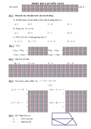 Phiếu bài tập môn Toán Lớp 2