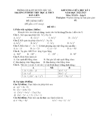2 Đề kiểm tra chính thức Toán Lớp 8 giữa học kì I - Năm học 2022-2023 - Trường Phổ thông Dân tộc Bán trú TH&THCS Bản Liền