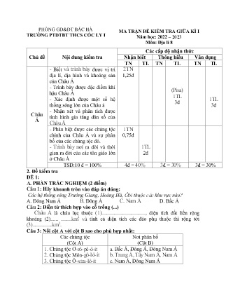 2 Đề kiểm tra Địa lí Lớp 8 giữa học kì I - Năm học 2022-2023 - Trường PTDTBT THCS Cốc Ly 1 (Có đáp án + Ma trận)