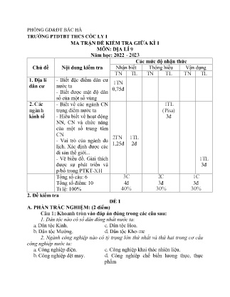 2 Đề kiểm tra Địa lí Lớp 9 giữa học kì I - Năm học 2022-2023 - Trường PTDTBT THCS Cốc Ly 1 (Có đáp án + Ma trận)