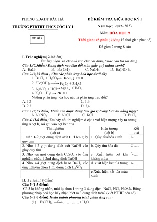 2 Đề kiểm tra Hóa học 9 giữa học kì I - Năm học 2022-2023 - Trường PTDTBT THCS Cốc Ly 1 (Có đáp án + Ma trận)