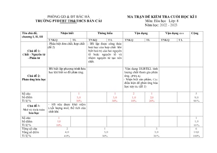 2 Đề kiểm tra Hóa học Lớp 8 cuối học kì I - Năm học 2022-2023 - Trường PTDTBT TH&THCS Bản Cái (Có đáp án + Ma trận)