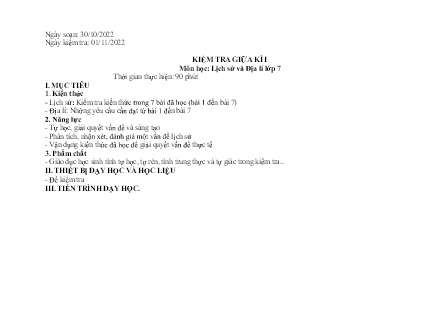 2 Đề kiểm tra Lịch sử và Địa lí Lớp 7 giữa học kì I - Năm học 2022-2023 (Có đáp án + Ma trận)