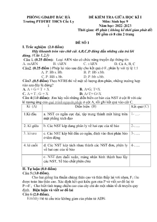 2 Đề kiểm tra Sinh học Lớp 9 giữa học kì I - Năm học 2022-2023 - Trường PTDTBT THCS Cốc Ly 1 (Có đáp án)