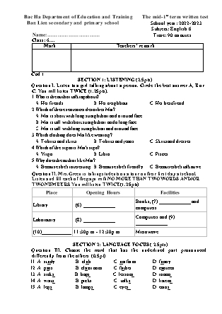 2 Đề kiểm tra Tiếng Anh Lớp 6 - Năm học 2022-2023 - Trường TH&THCS Bản Liền (Có đáp án + Ma trận)
