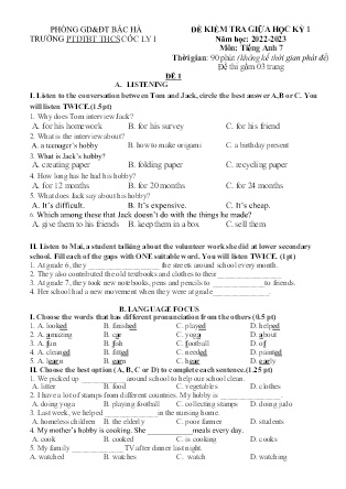 2 Đề kiểm tra Tiếng Anh Lớp 7 giữa học kì I - Năm học 2022-2023 - Trường Phổ thông Dân tộc Bán trú THCS Cốc Ly 1 (Có đáp án + Ma trận)