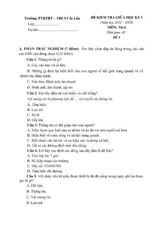 2 Đề kiểm tra Tin học 6 giữa học kì I - Năm học 2022-2023 - Trường PTDTBT THCS Cốc Lầu (Có đáp án + Ma trận)