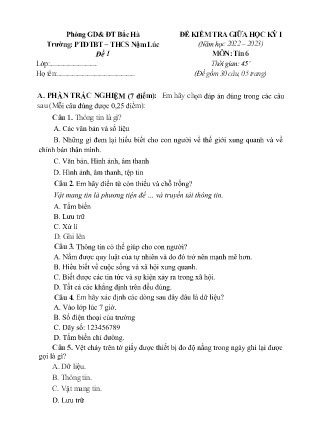 2 Đề kiểm tra Tin học 6 giữa kì I - Năm học 2022-2023 - Trường PTDTBT THCS Nậm Lúc (Có đáp án + Ma trận)