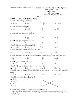 2 Đề kiểm tra Toán 7 giữa học kì I - Năm học 2022-2023 - Trường Phổ thông Dân tộc Bán trú THCS Cốc Lầu (Có đáp án)
